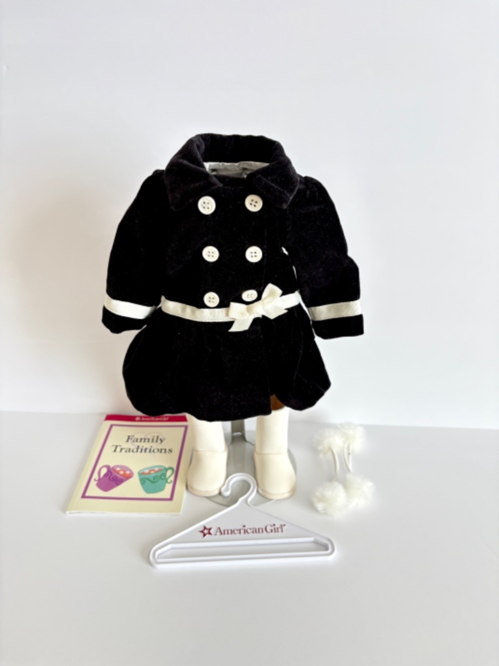 American Girl Doll Black Velveteen Coat Set Boots Book Hanger Box Just Like You